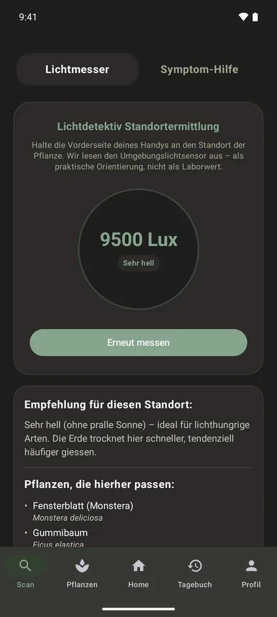 Scan: Lichtmesser mit dem Ergebnis 9500 Lux, Kategorie sehr hell, und passenden Pflanzen für diesen Standort.