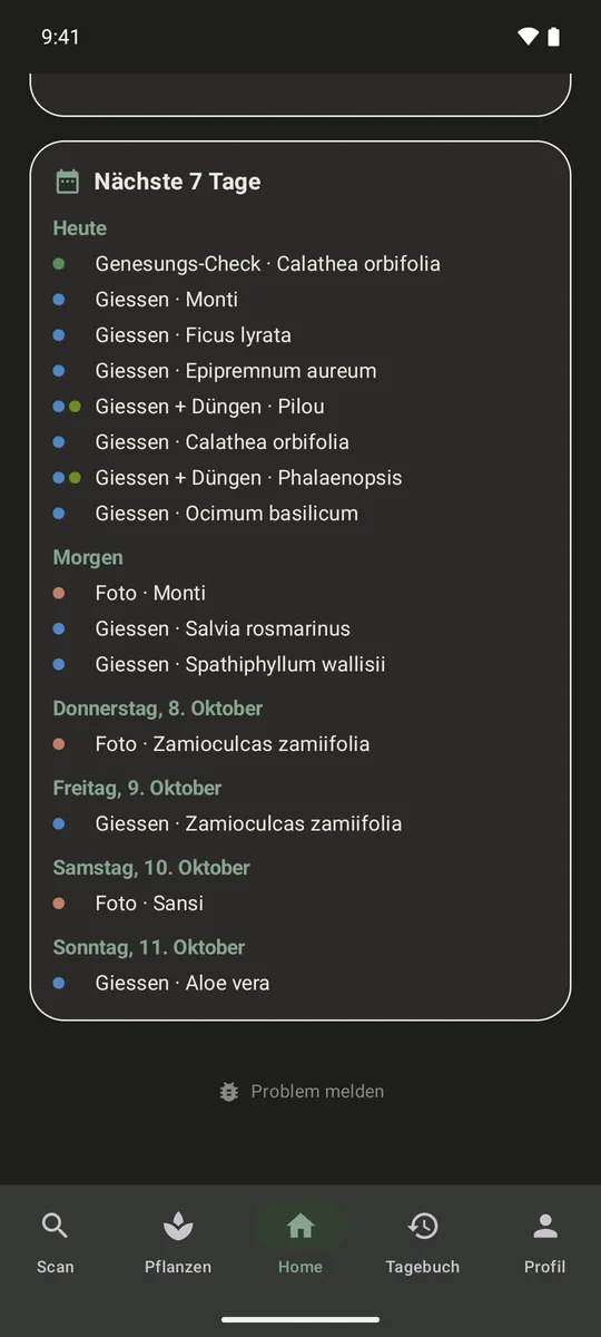 Nächste 7 Tage: heute ein Genesungs-Check und sieben Giessaufgaben, zwei davon mit Düngen, in den folgenden Tagen Foto-Erinnerungen und weitere Giessungen.